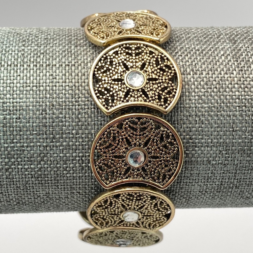 Vintage Stretch Bracelet Gold Tone Boho Filigree Panels Clear Crystals 3/4 Moon